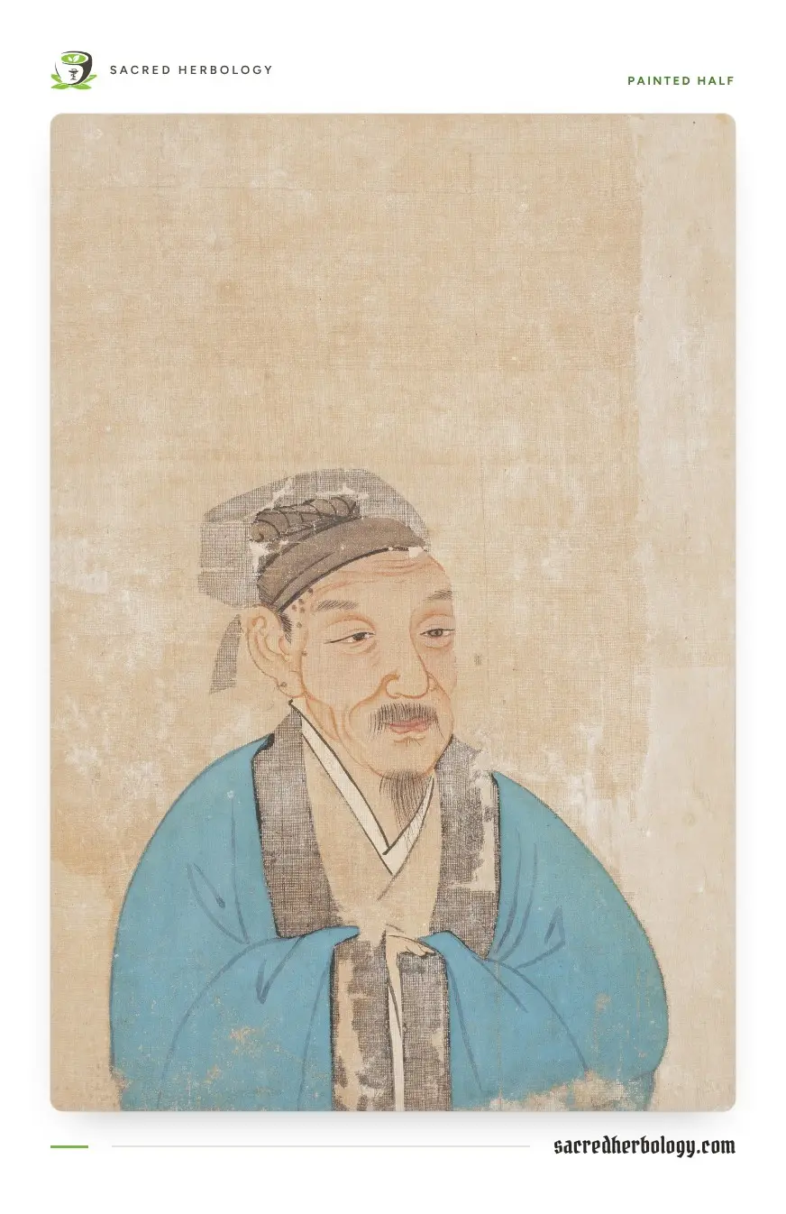 Painted half-length portrait of an elderly Chinese scholar with a grey moustache, wearing a dark cap and a blue robe with dark borders